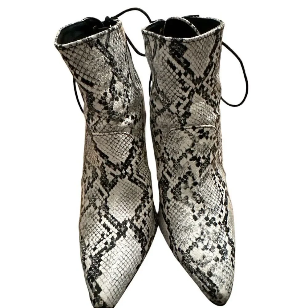 ShoeDazzle Women's Black White Gemini Snake Print Cone Heel Lace Back Booties